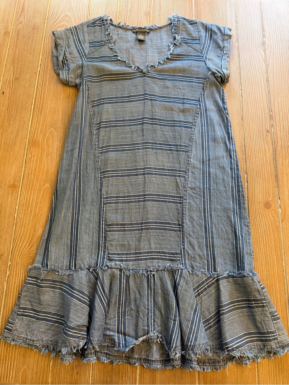 Chelsea & Theodore Denim Fringe Hem Dress - Blue & White